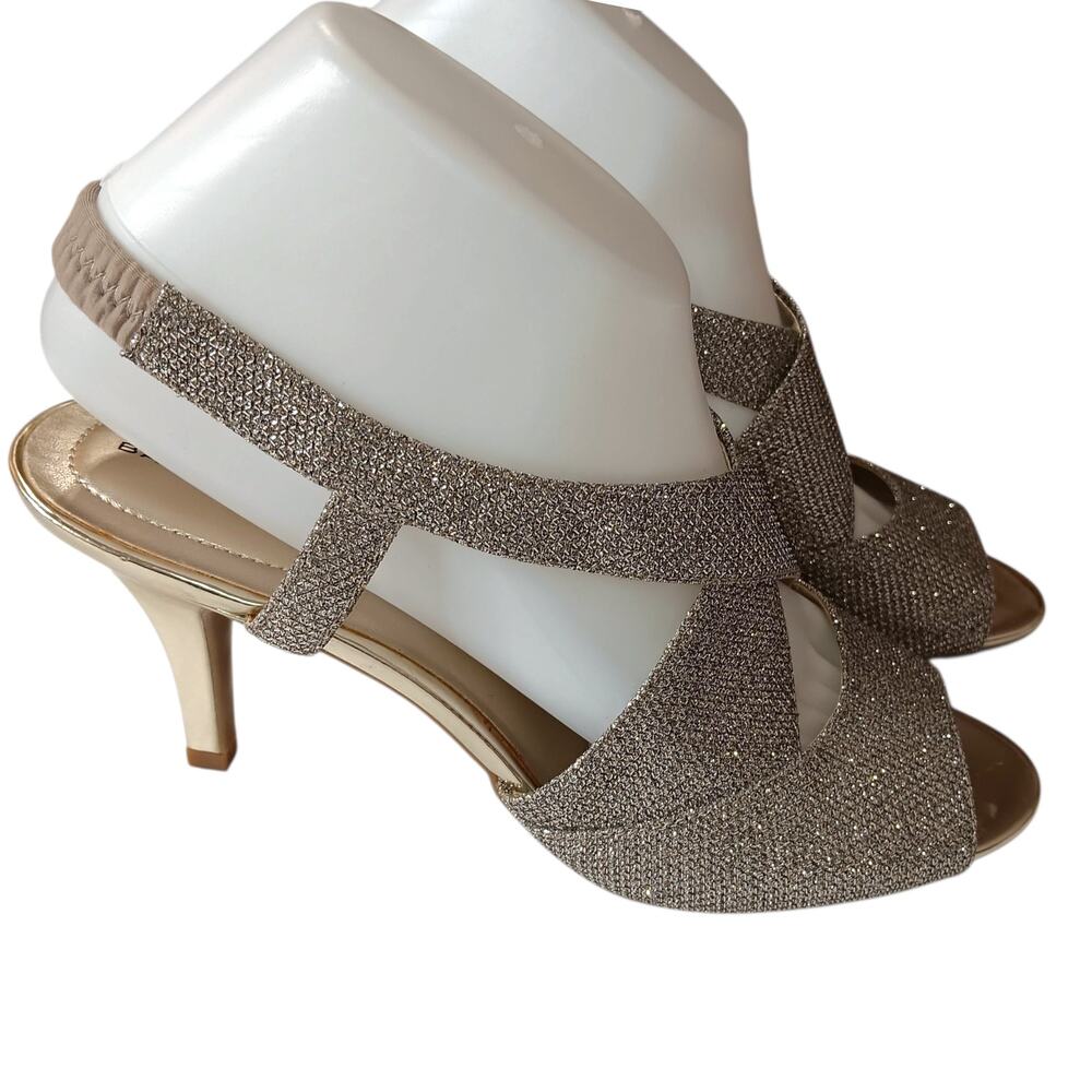 Bandolino Sparkly Metallic Dressy Heels 8 Gold Elastic Slingback Prom Dance Hoco - Picture 9 of 11